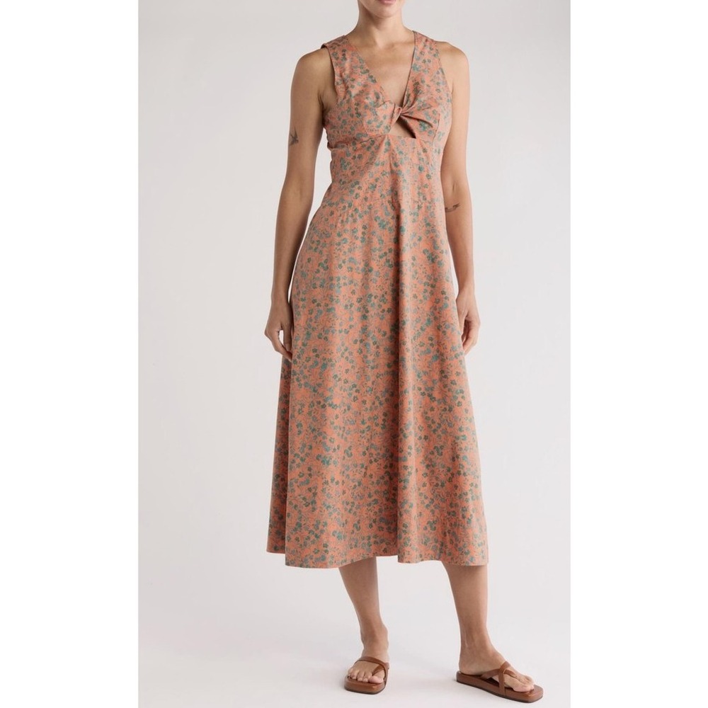 Madewell Dress Womens 2 Orange Green Floral Midi Tie Front Cutout V Neck Cotton - Picture 10 of 10